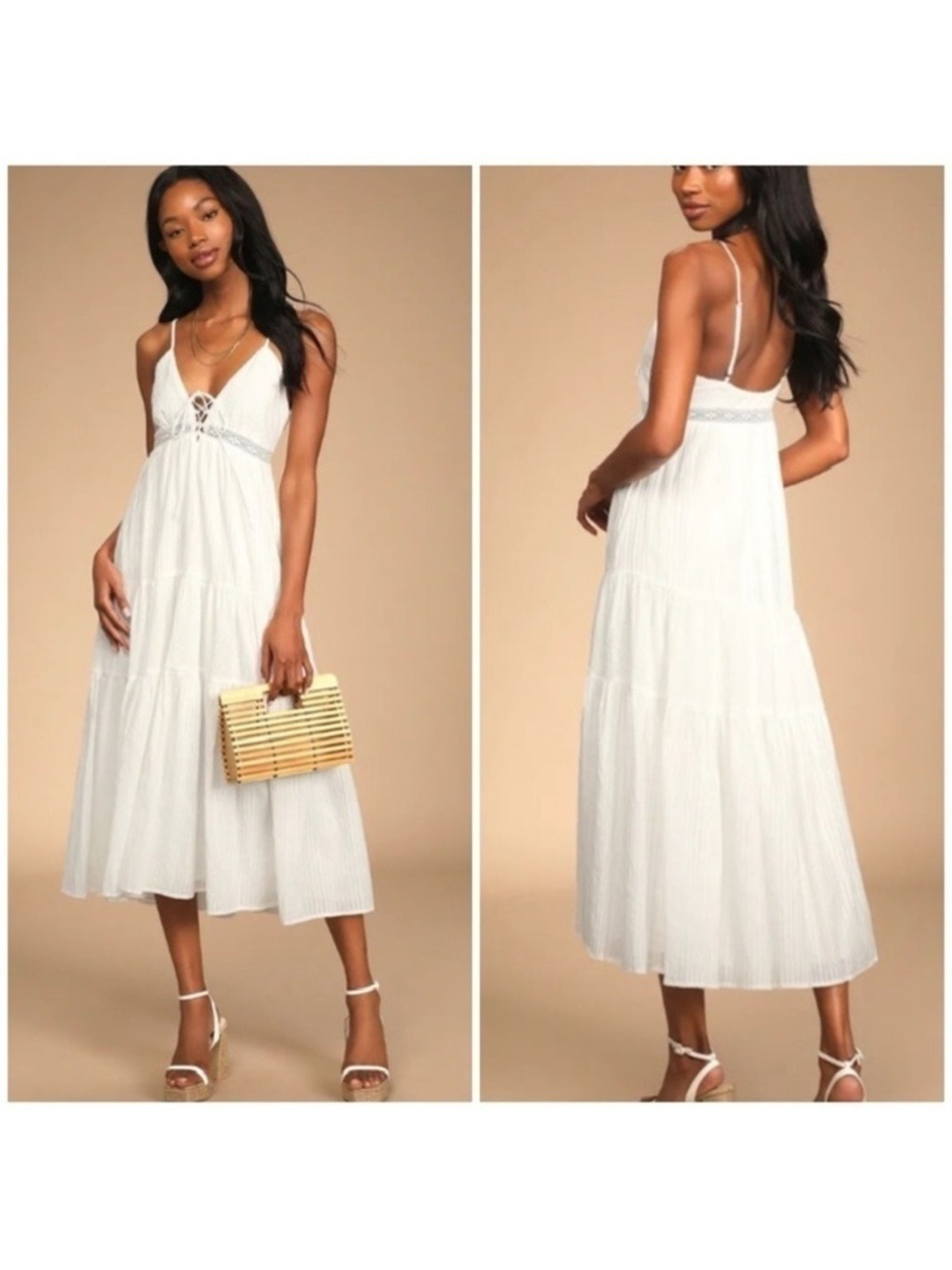 Lulus Out and About White Tiered Lace Up Midi Dress